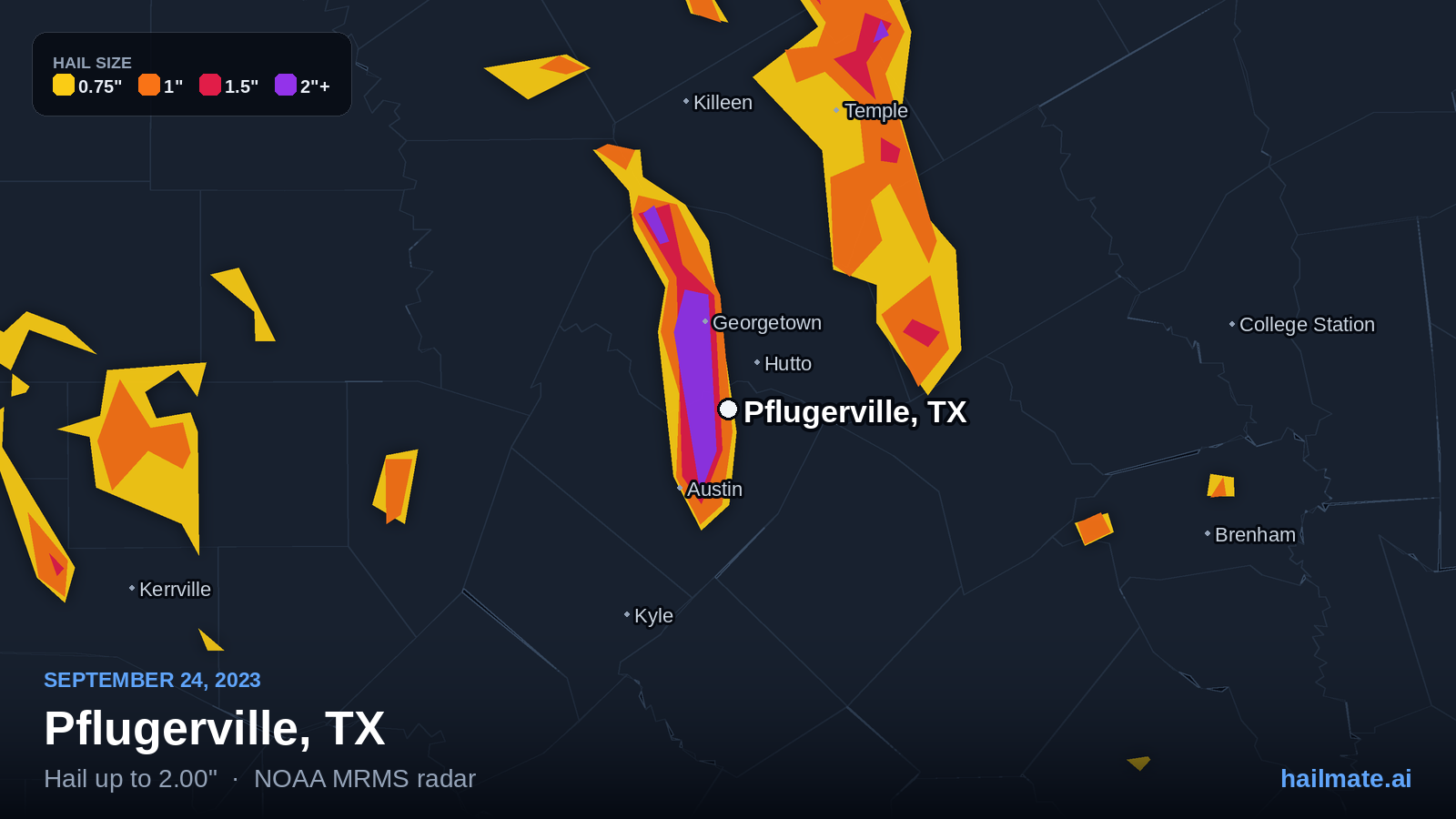 Hail swath map for Pflugerville, TX on September 24, 2023 showing 2.00 inch hail.