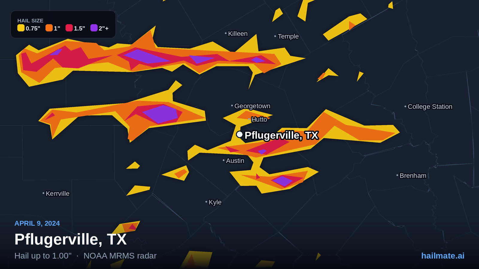 Hail swath map for Pflugerville, TX on April 9, 2024 showing 1.00 inch hail.