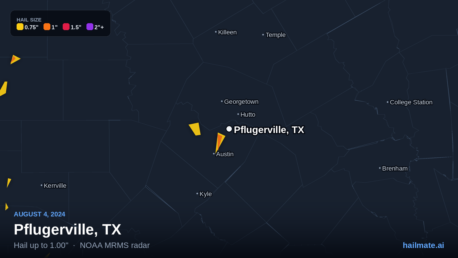 Hail swath map for Pflugerville, TX on August 4, 2024 showing 1.00 inch hail.