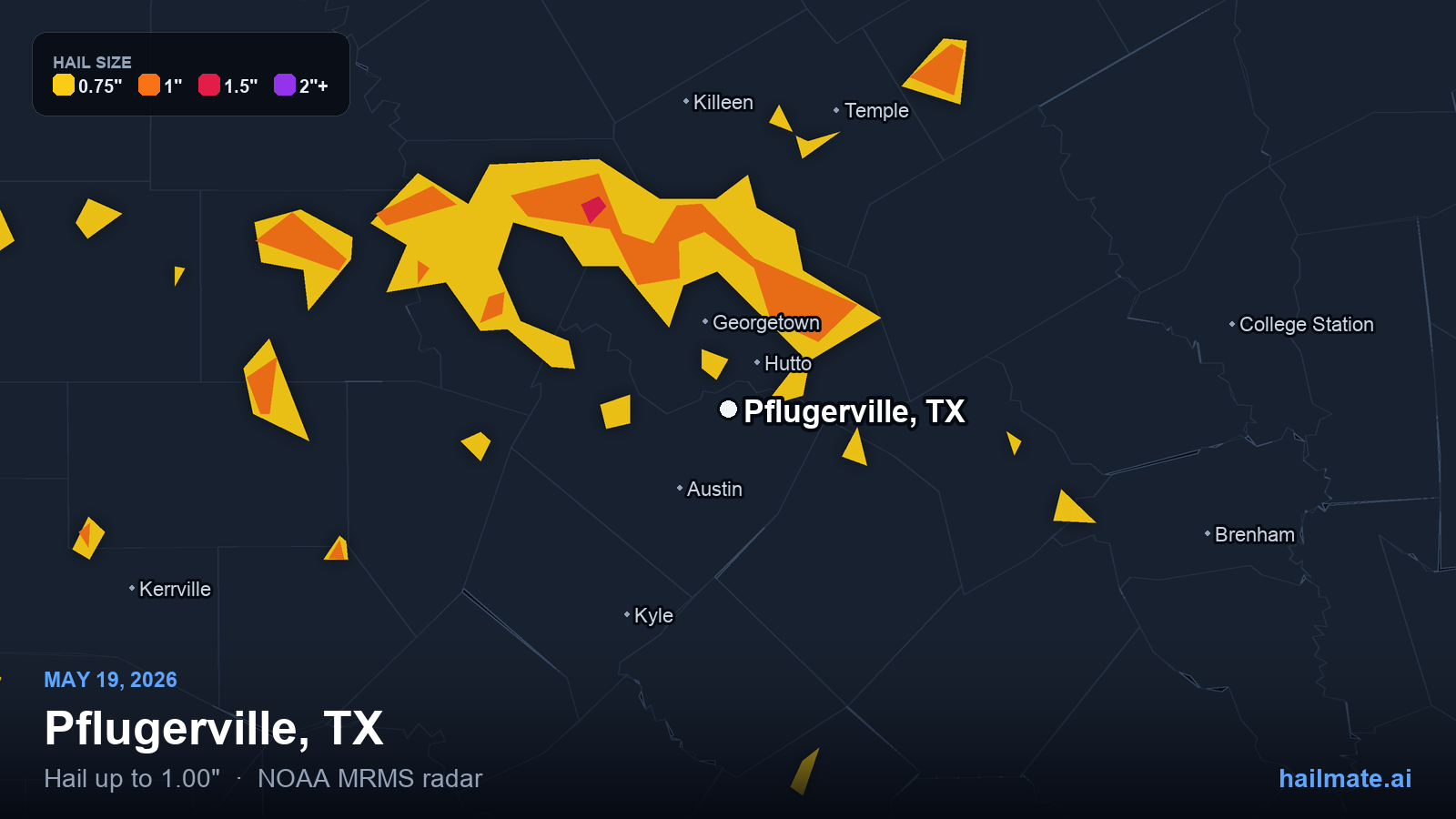Hail swath map for Pflugerville, TX on May 19, 2026 showing 1.00 inch hail.