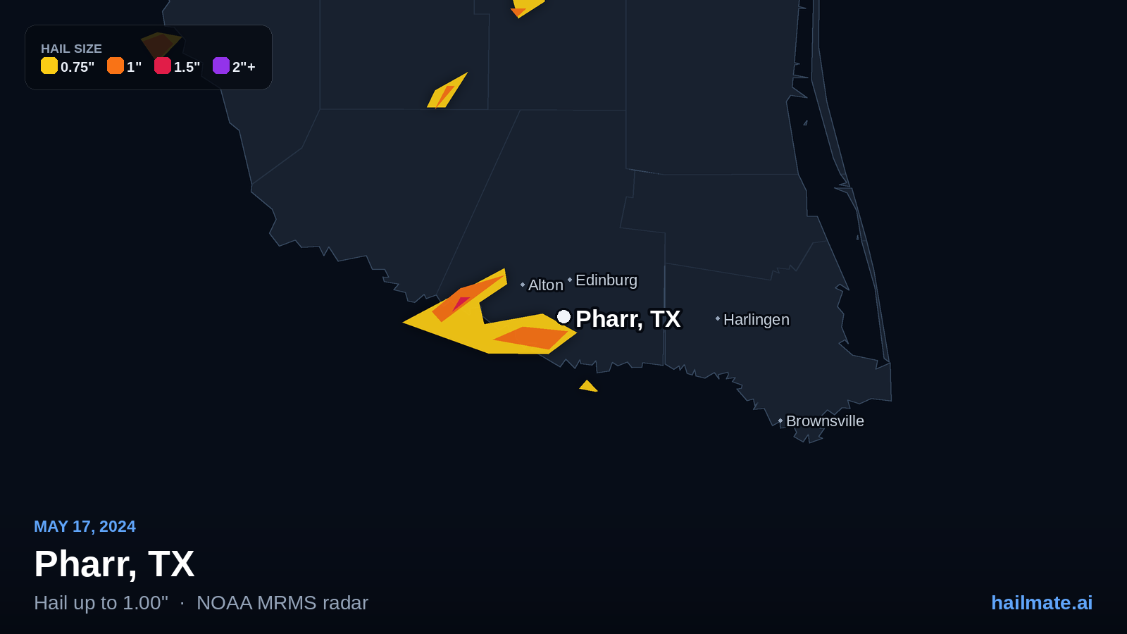 Hail swath map for Pharr, TX on May 17, 2024 showing 1.00 inch hail.