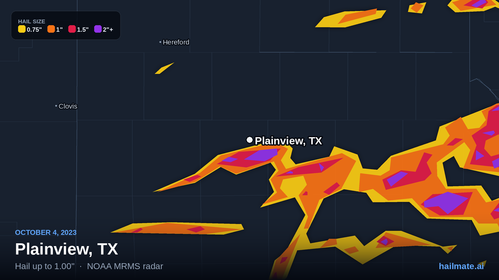 Hail swath map for Plainview, TX on October 4, 2023 showing 1.00 inch hail.