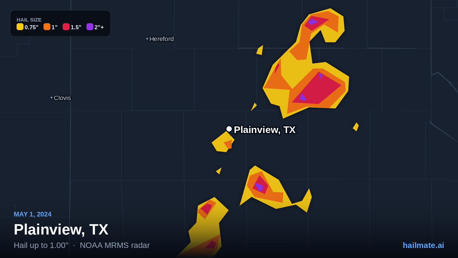 Hail swath map for Plainview, TX on May 1, 2024 showing 1.00 inch hail.