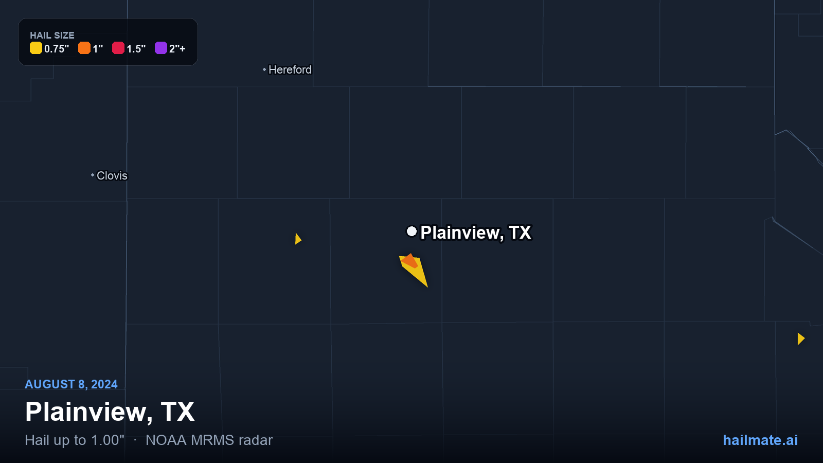 Hail swath map for Plainview, TX on August 8, 2024 showing 1.00 inch hail.