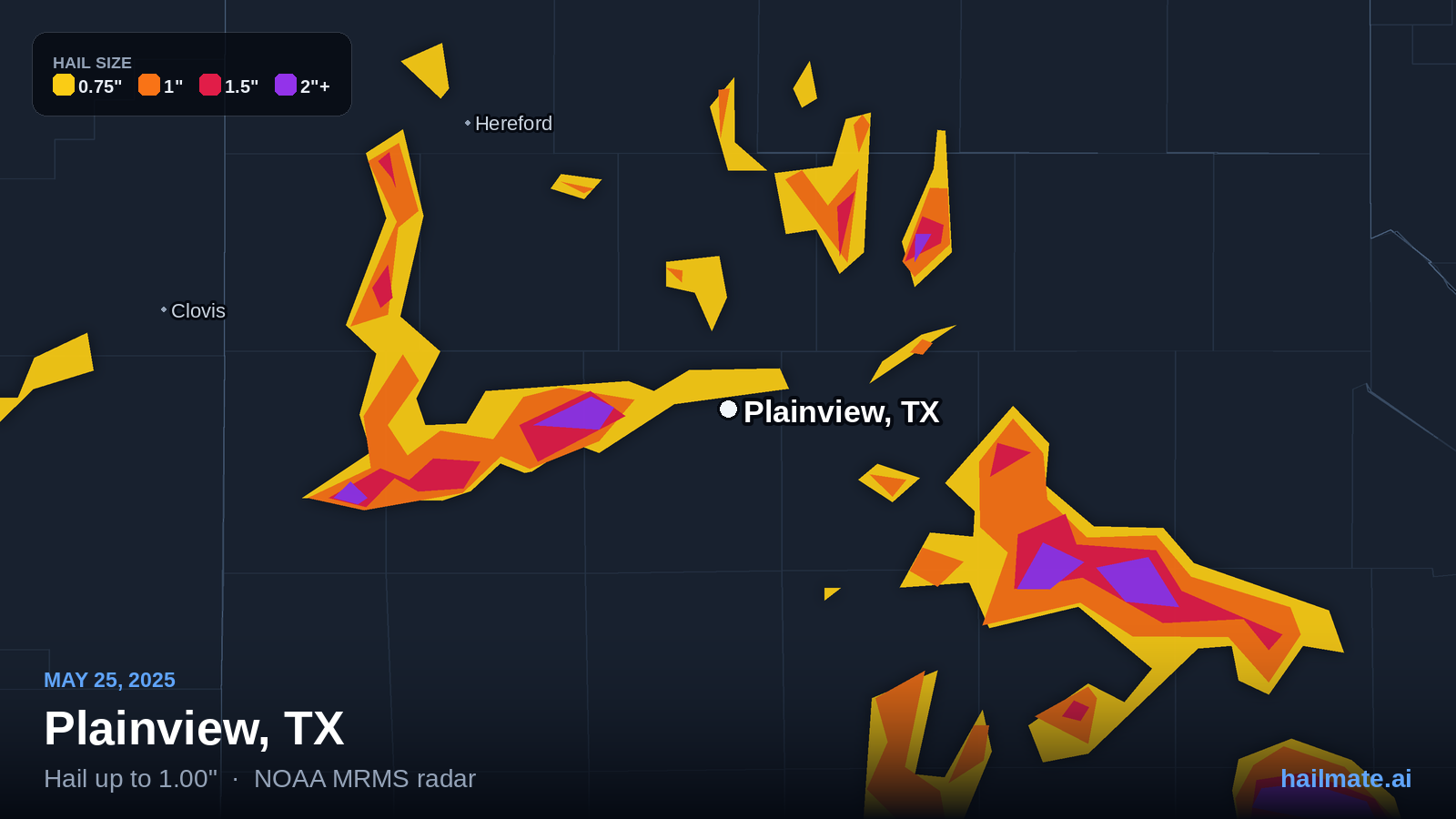 Hail swath map for Plainview, TX on May 25, 2025 showing 1.00 inch hail.