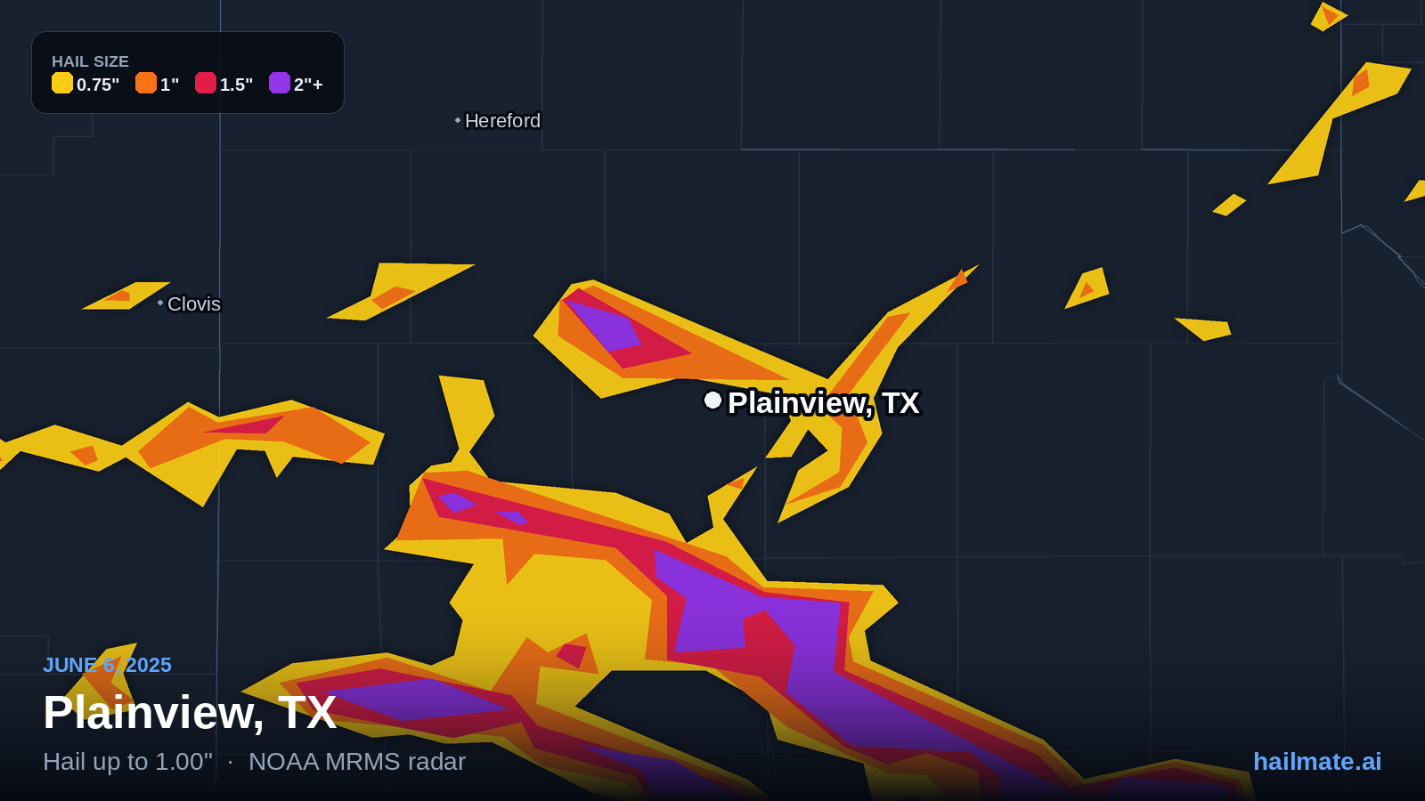 Hail swath map for Plainview, TX on June 6, 2025 showing 1.00 inch hail.