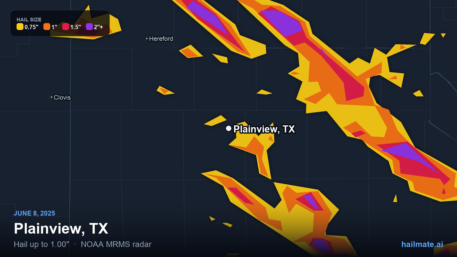 Hail swath map for Plainview, TX on June 8, 2025 showing 1.00 inch hail.