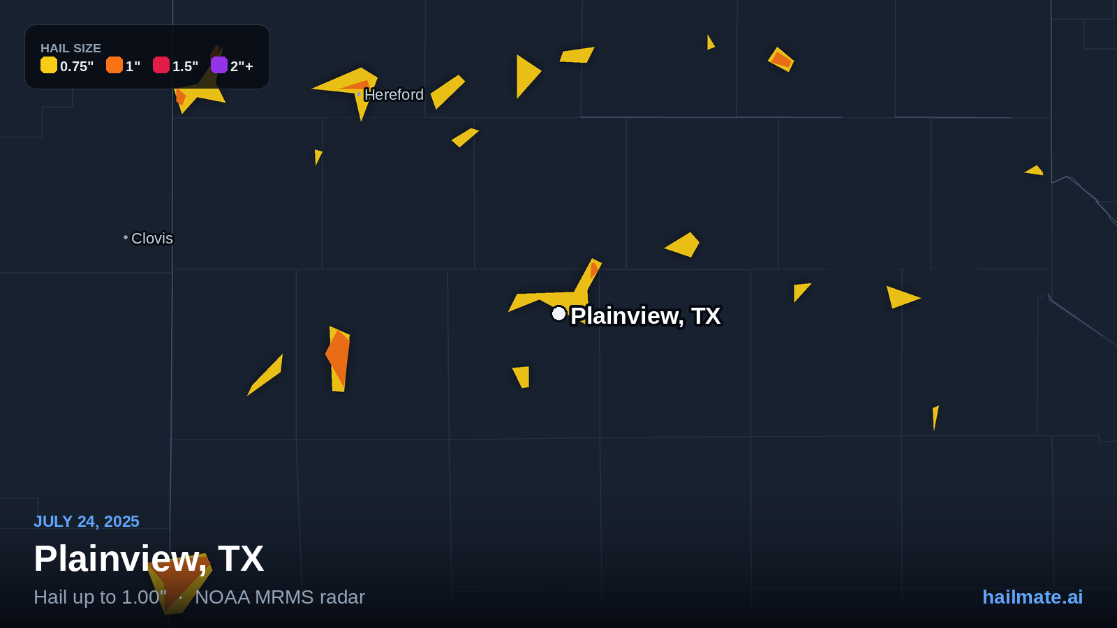 Hail swath map for Plainview, TX on July 24, 2025 showing 1.00 inch hail.