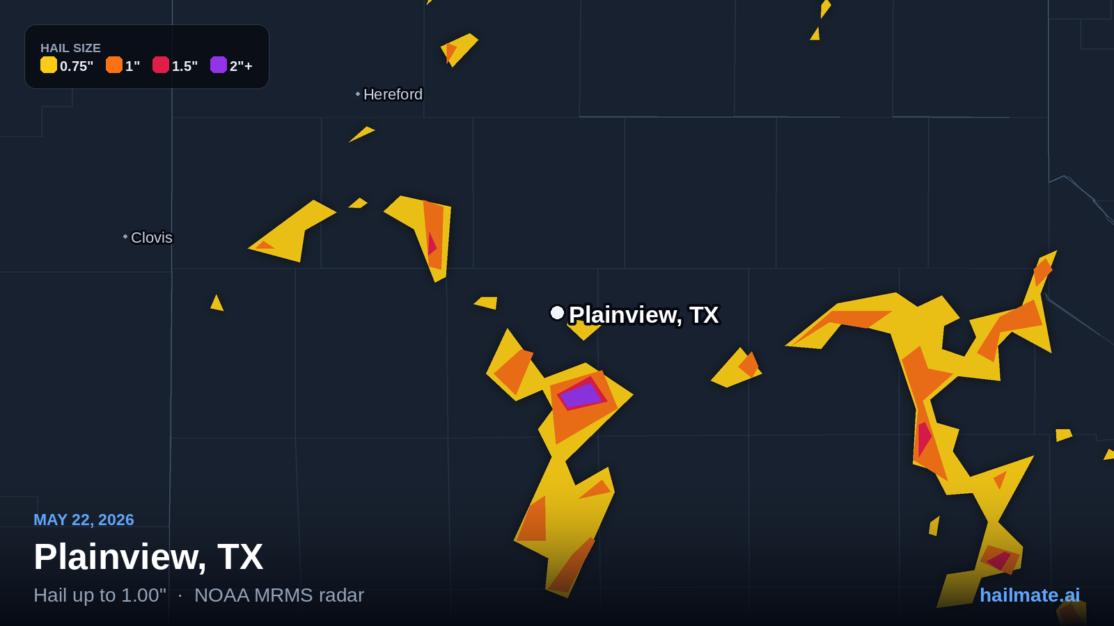 Hail swath map for Plainview, TX on May 22, 2026 showing 1.00 inch hail.