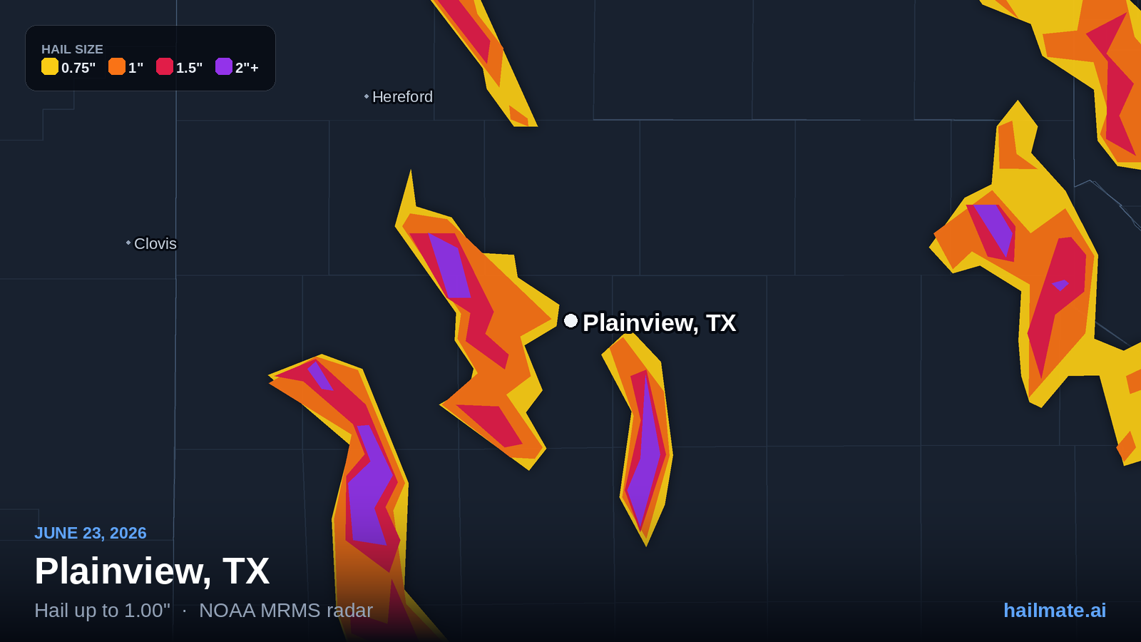 Hail swath map for Plainview, TX on June 23, 2026 showing 1.00 inch hail.