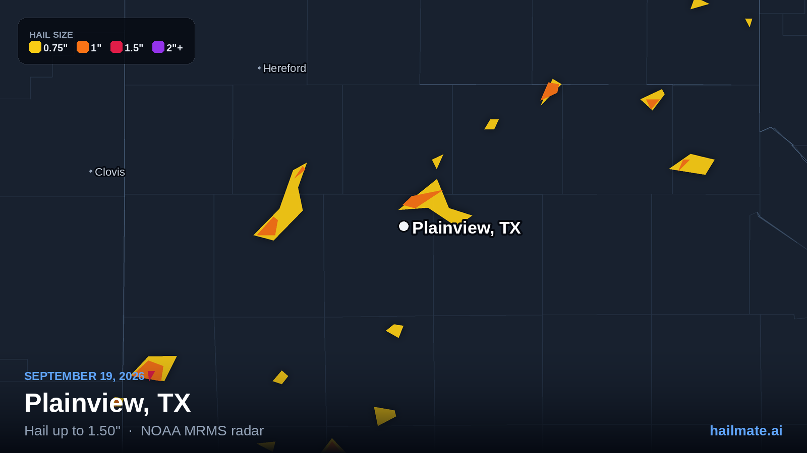 Hail swath map for Plainview, TX on September 19, 2026 showing 1.50 inch hail.