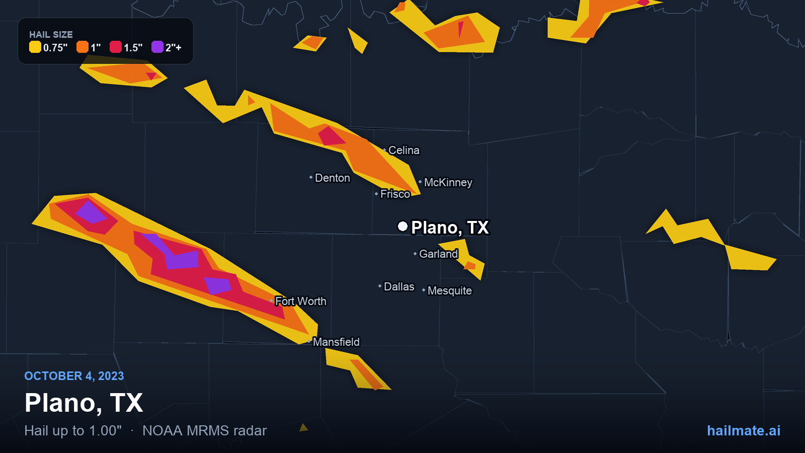 Hail swath map for Plano, TX on October 4, 2023 showing 1.00 inch hail.