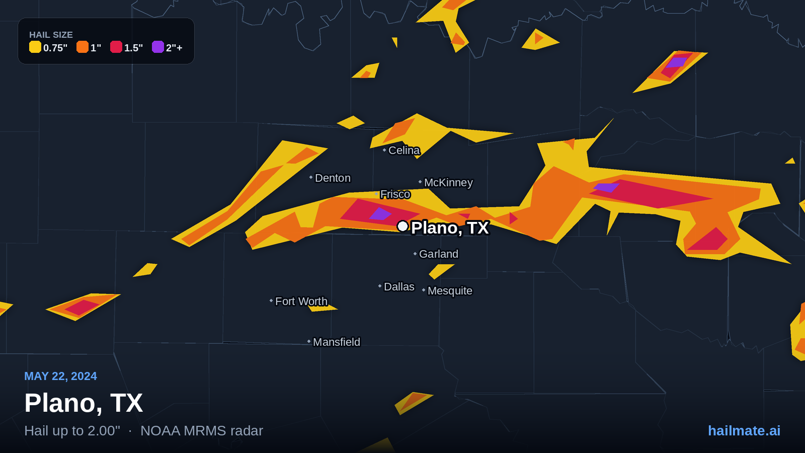 Hail swath map for Plano, TX on May 22, 2024 showing 2.00 inch hail.