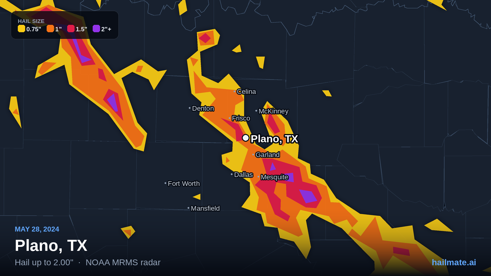 Hail swath map for Plano, TX on May 28, 2024 showing 2.00 inch hail.