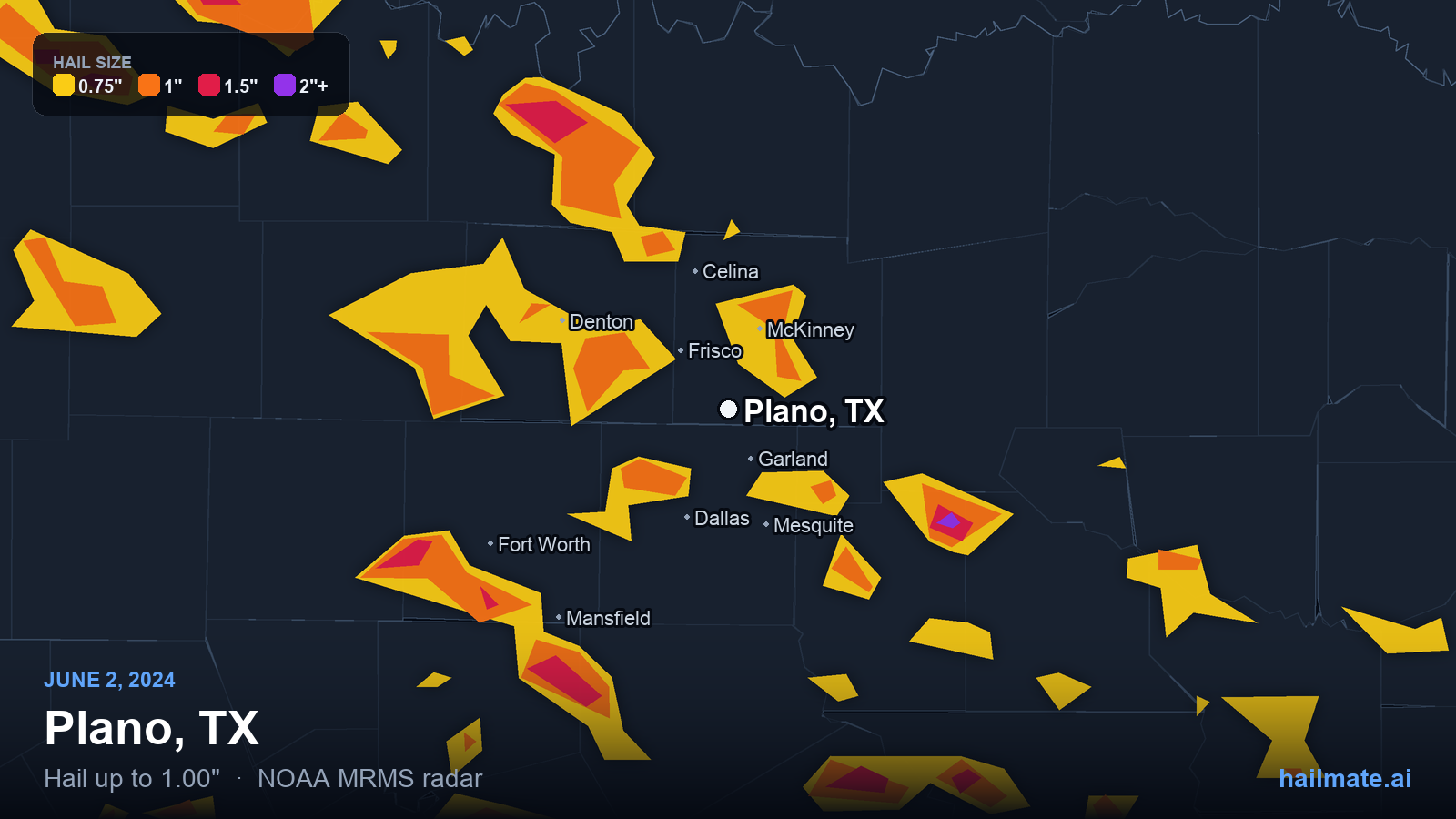 Hail swath map for Plano, TX on June 2, 2024 showing 1.00 inch hail.
