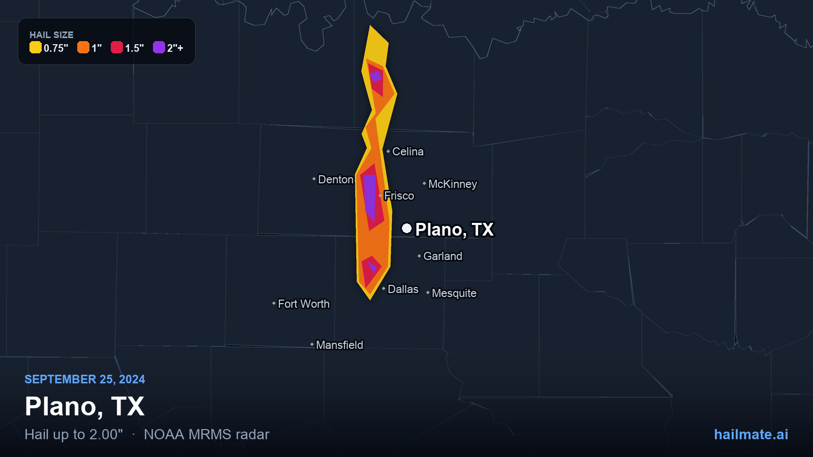 Hail swath map for Plano, TX on September 25, 2024 showing 2.00 inch hail.