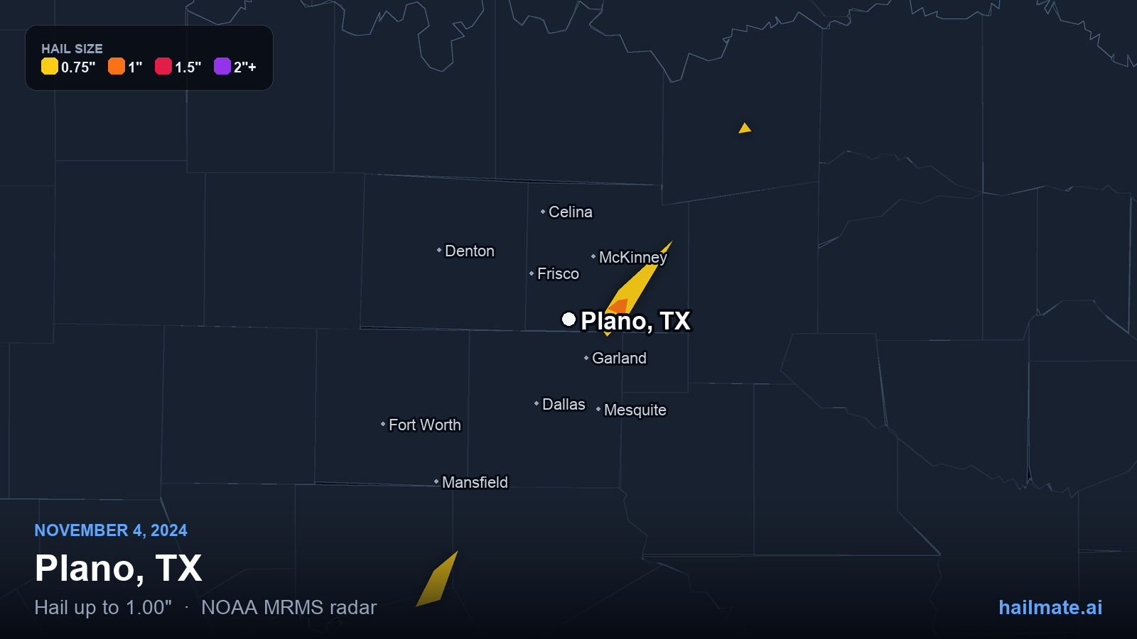 Hail swath map for Plano, TX on November 4, 2024 showing 1.00 inch hail.