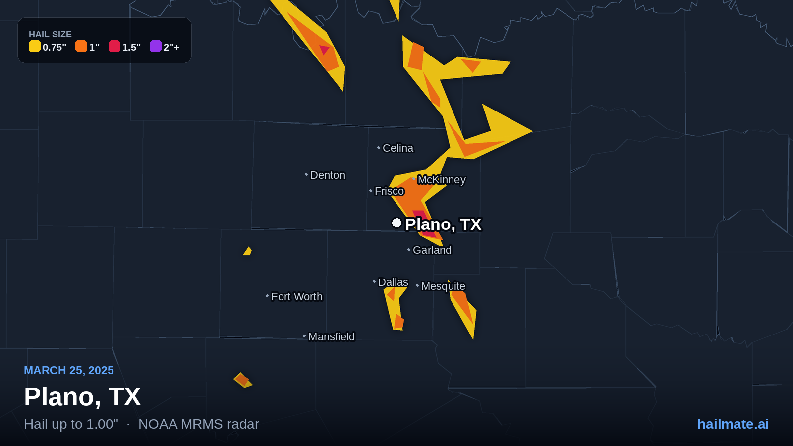 Hail swath map for Plano, TX on March 25, 2025 showing 1.00 inch hail.