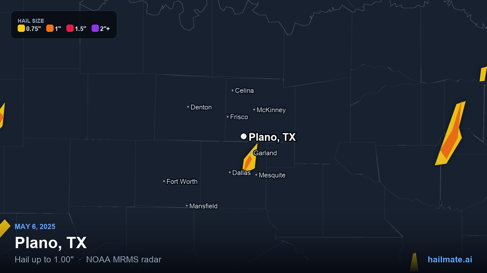 Hail swath map for Plano, TX on May 6, 2025 showing 1.00 inch hail.