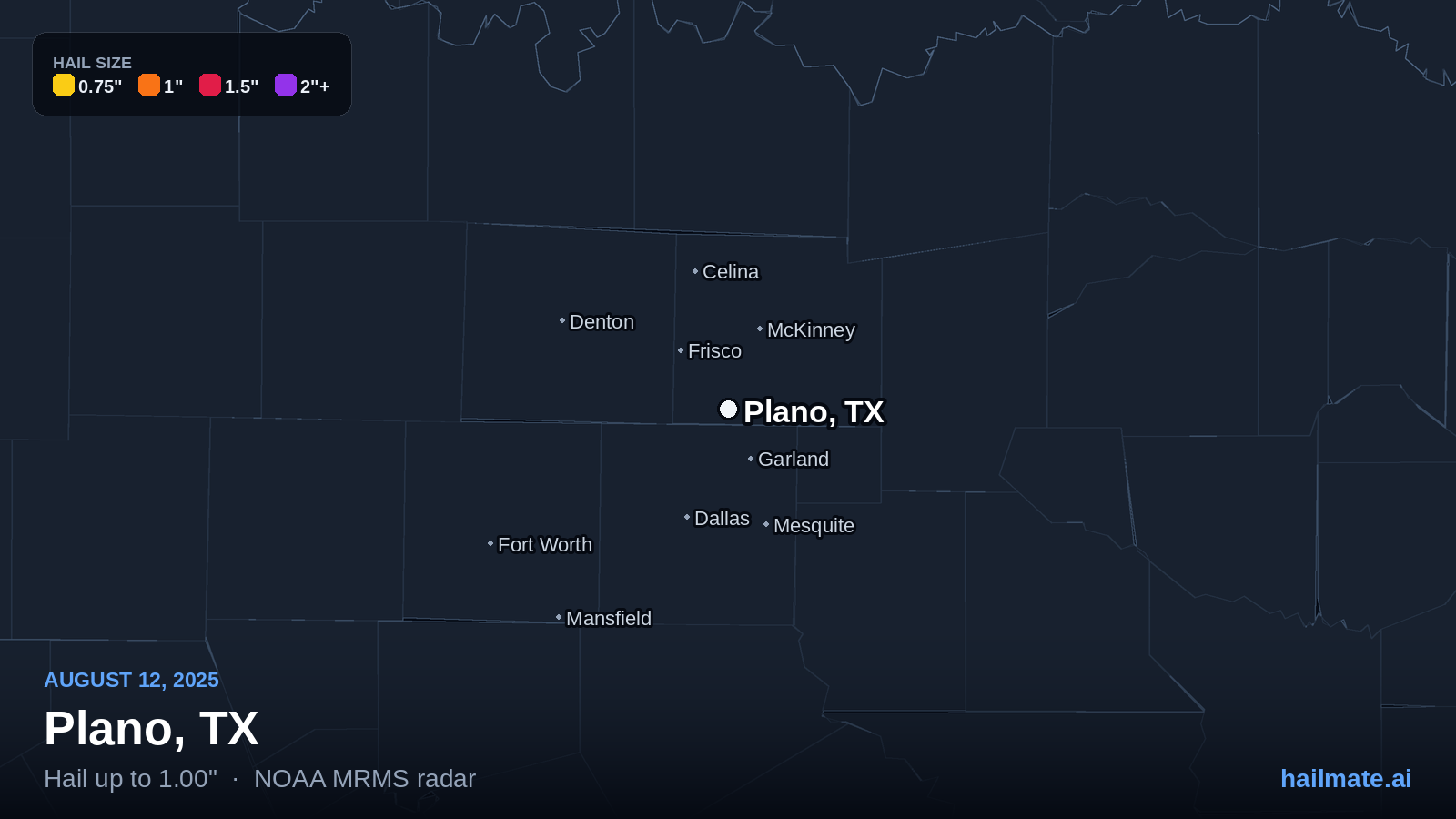 Hail swath map for Plano, TX on August 12, 2025 showing 1.00 inch hail.
