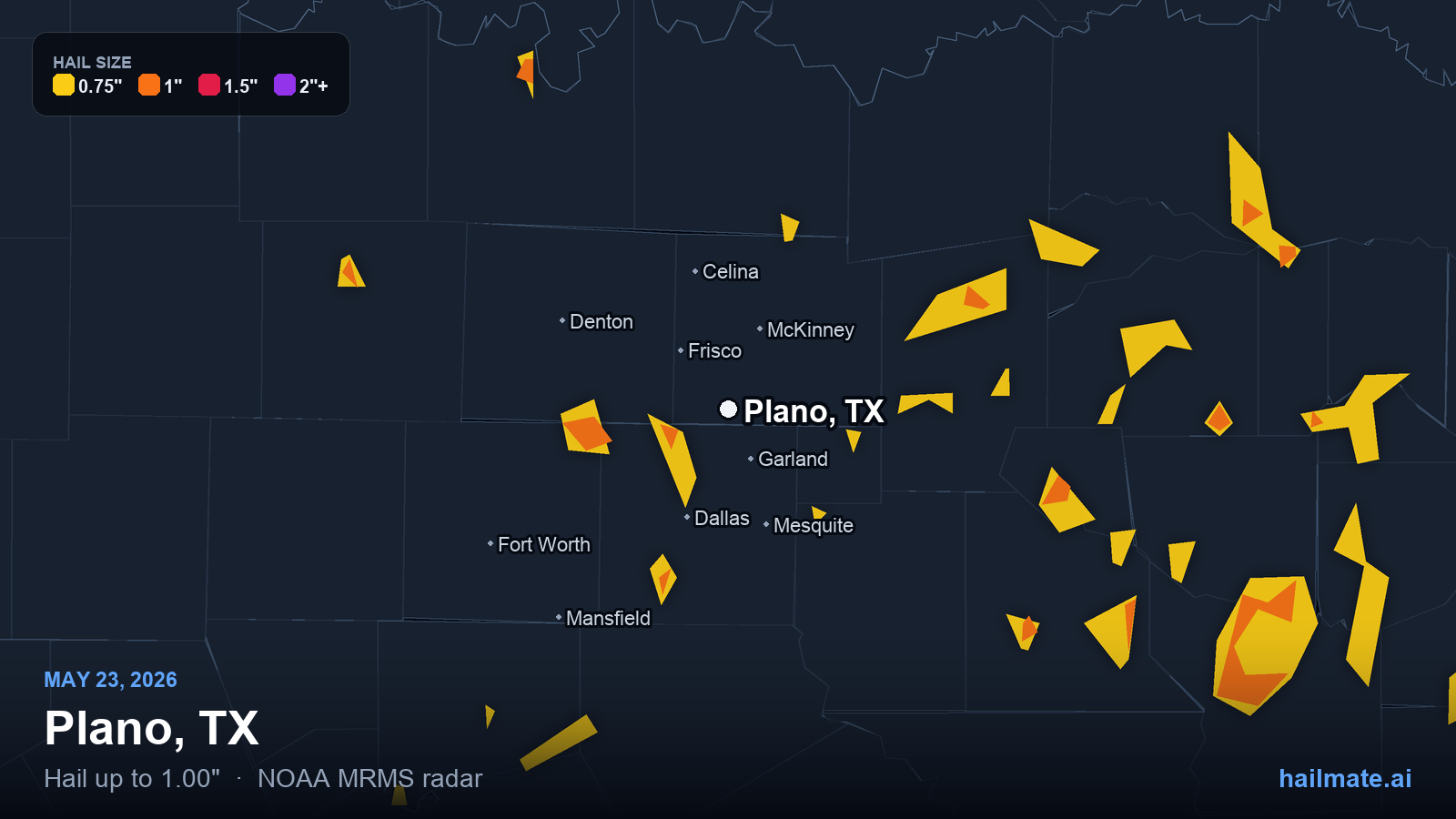 Hail swath map for Plano, TX on May 23, 2026 showing 1.00 inch hail.
