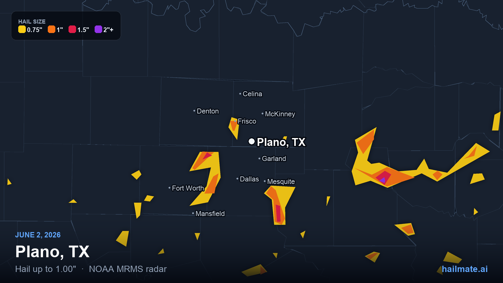 Hail swath map for Plano, TX on June 2, 2026 showing 1.00 inch hail.