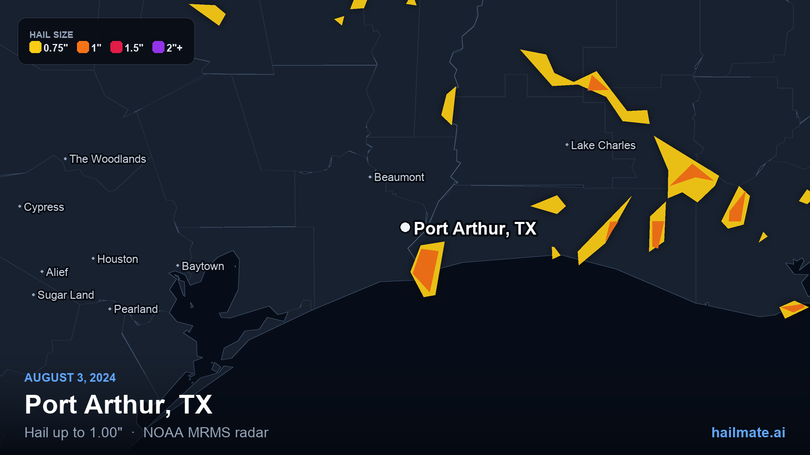 Hail swath map for Port Arthur, TX on August 3, 2024 showing 1.00 inch hail.