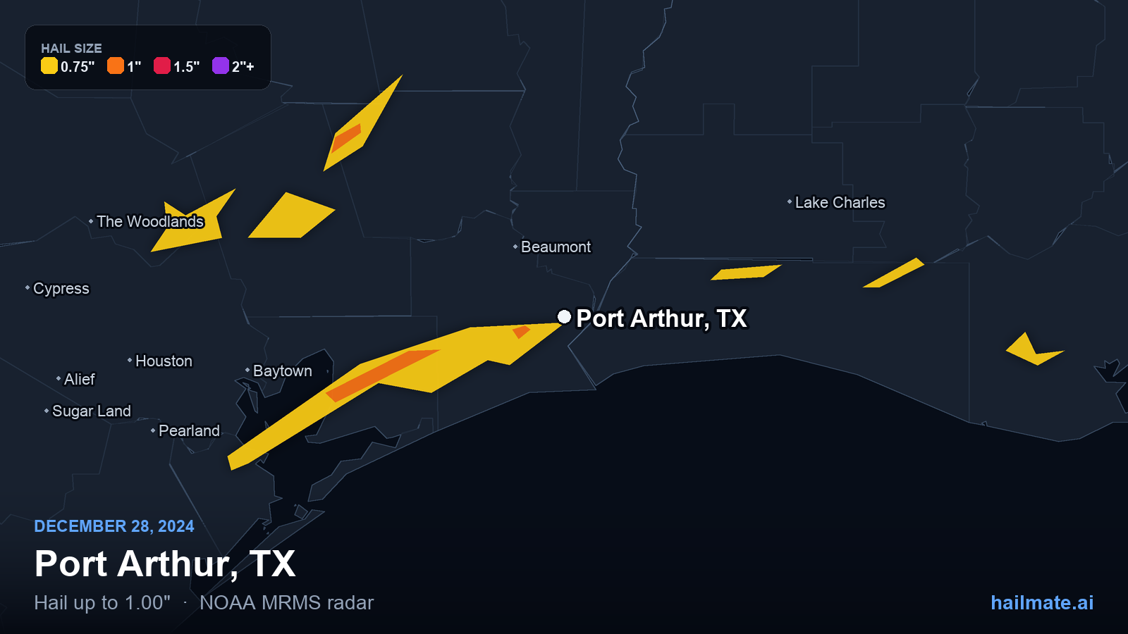 Hail swath map for Port Arthur, TX on December 28, 2024 showing 1.00 inch hail.