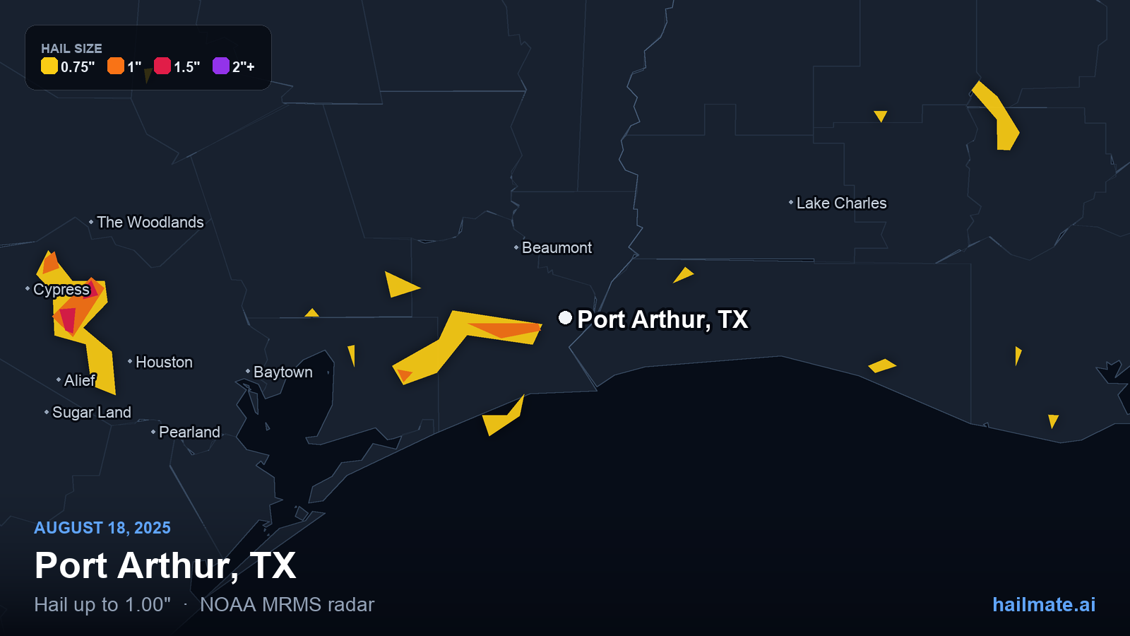 Hail swath map for Port Arthur, TX on August 18, 2025 showing 1.00 inch hail.