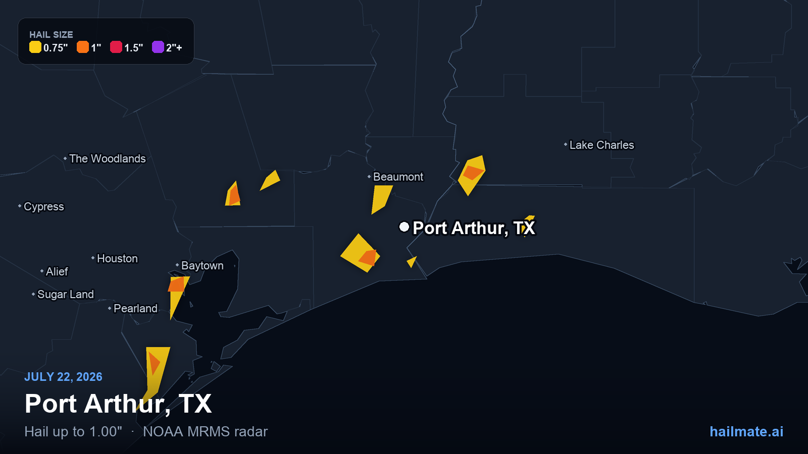 Hail swath map for Port Arthur, TX on July 22, 2026 showing 1.00 inch hail.