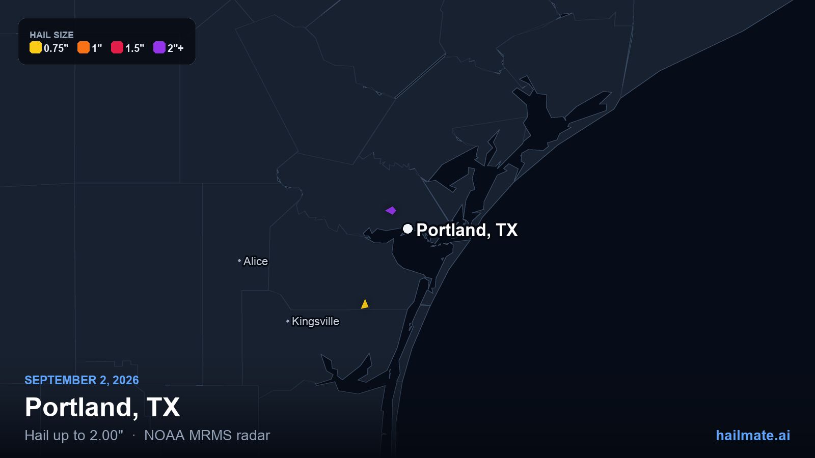 Hail swath map for Portland, TX on September 2, 2026 showing 2.00 inch hail.