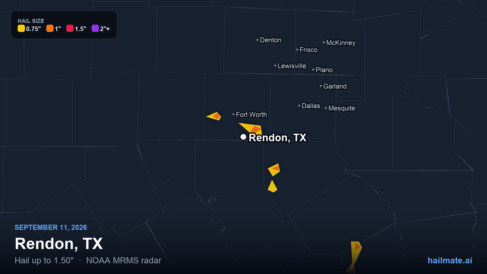 Hail swath map for Rendon, TX on September 11, 2026 showing 1.50 inch hail.