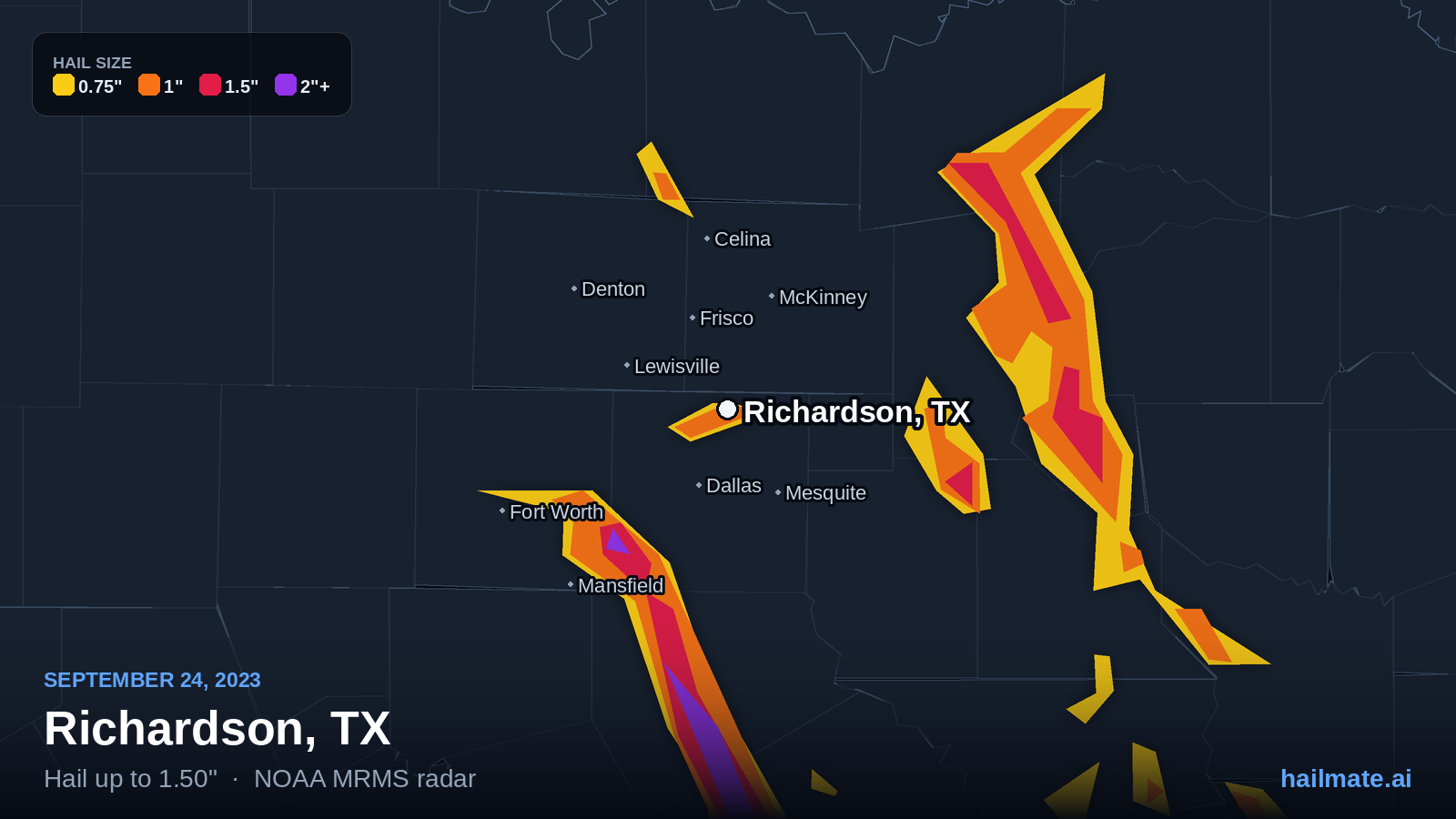 Hail swath map for Richardson, TX on September 24, 2023 showing 1.50 inch hail.