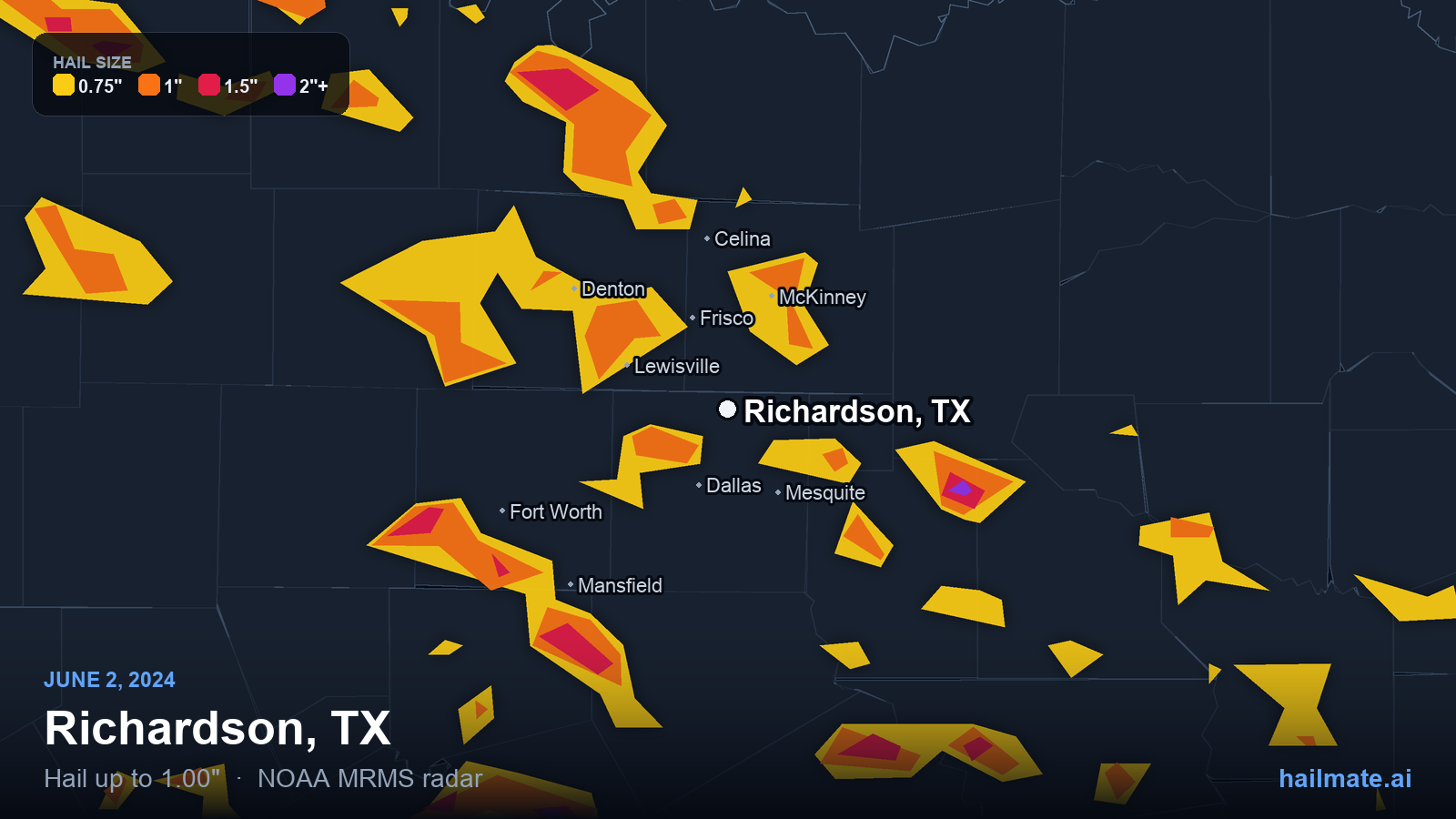 Hail swath map for Richardson, TX on June 2, 2024 showing 1.00 inch hail.