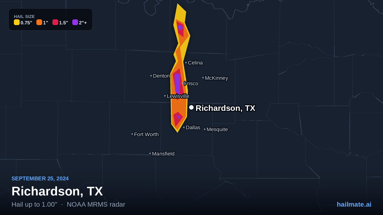 Hail swath map for Richardson, TX on September 25, 2024 showing 1.00 inch hail.