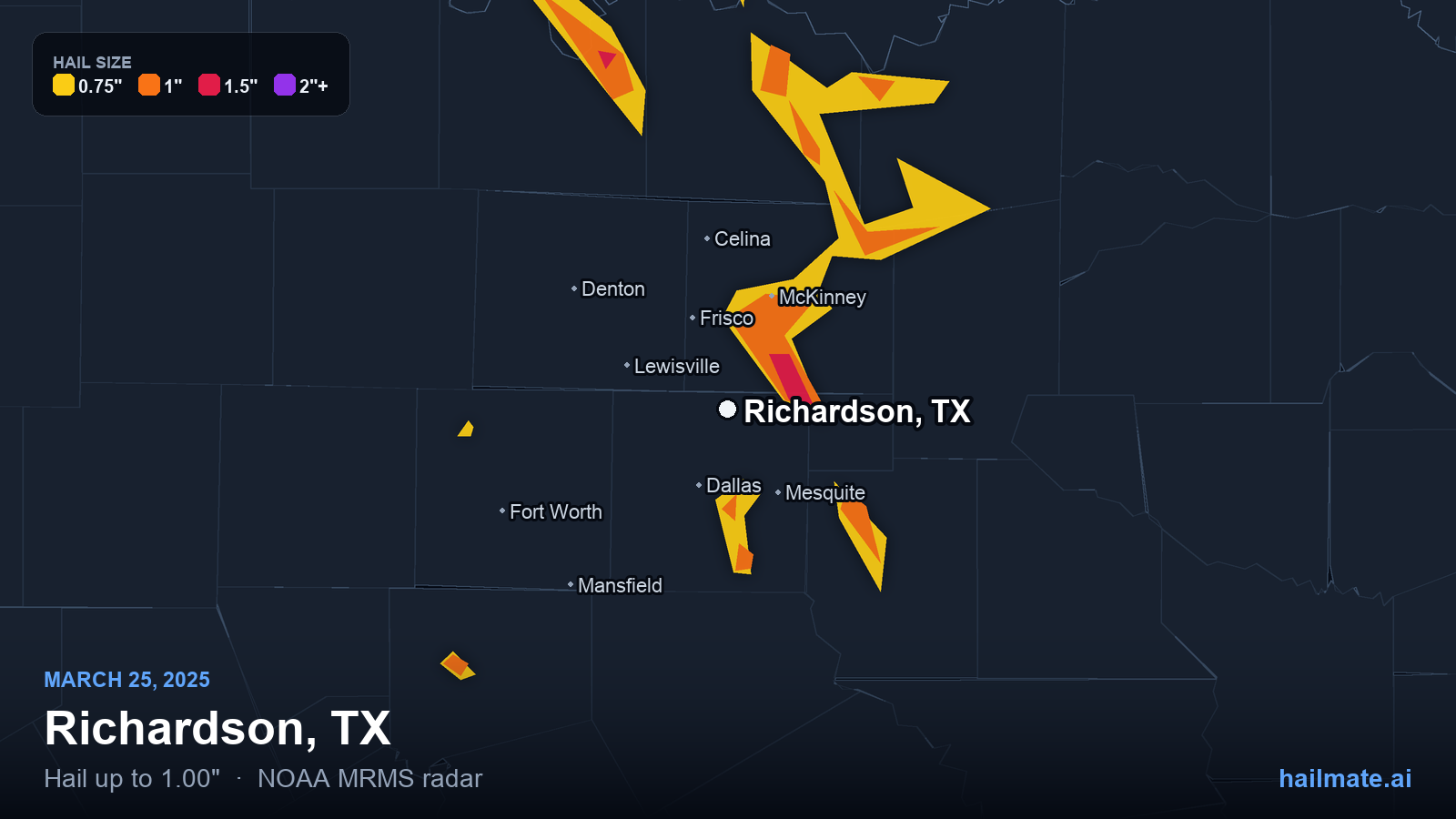 Hail swath map for Richardson, TX on March 25, 2025 showing 1.00 inch hail.