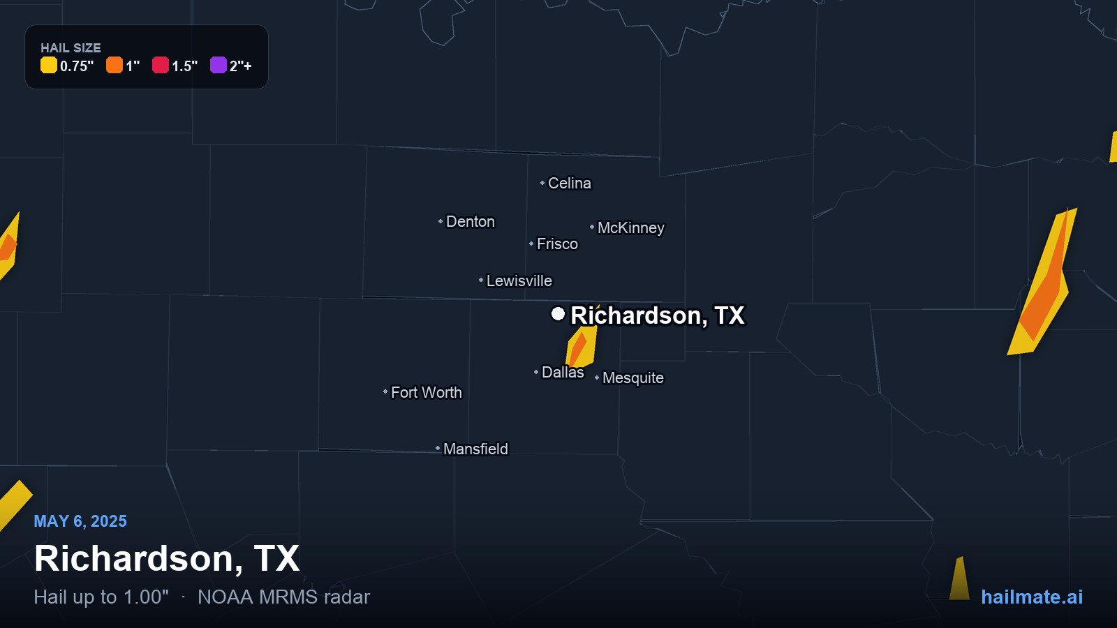 Hail swath map for Richardson, TX on May 6, 2025 showing 1.00 inch hail.
