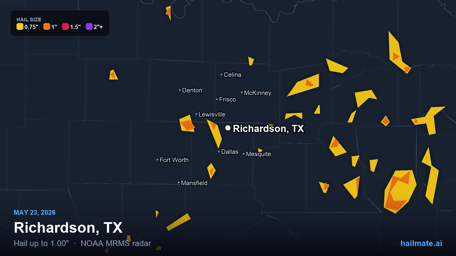 Hail swath map for Richardson, TX on May 23, 2026 showing 1.00 inch hail.