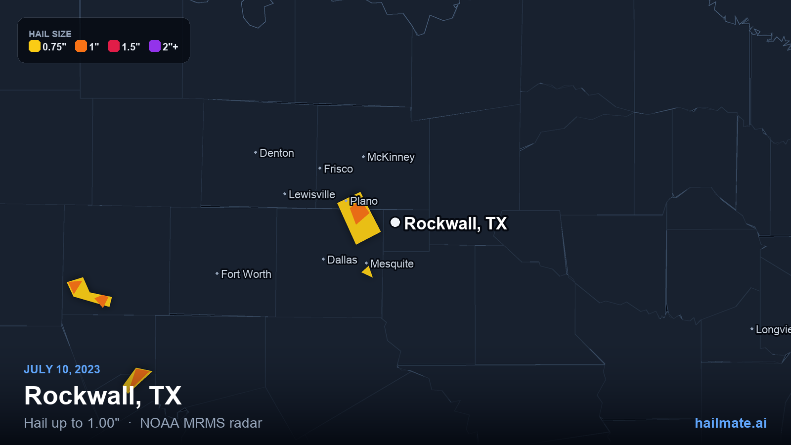 Hail swath map for Rockwall, TX on July 10, 2023 showing 1.00 inch hail.