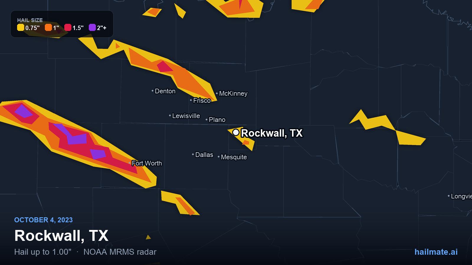 Hail swath map for Rockwall, TX on October 4, 2023 showing 1.00 inch hail.
