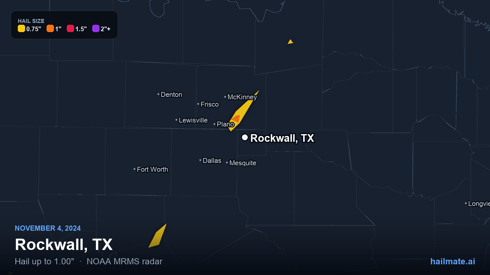 Hail swath map for Rockwall, TX on November 4, 2024 showing 1.00 inch hail.