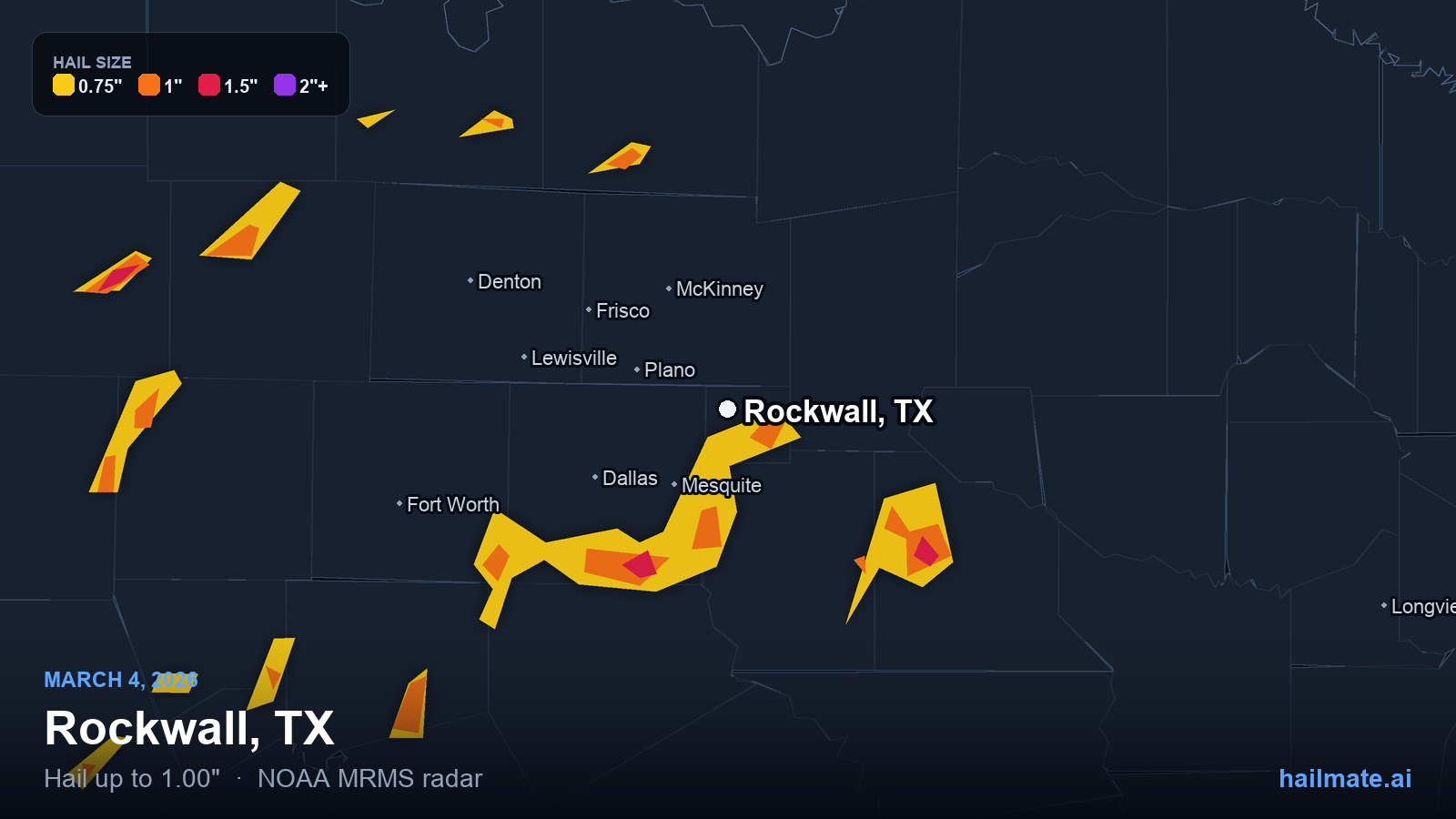 Hail swath map for Rockwall, TX on March 4, 2026 showing 1.00 inch hail.