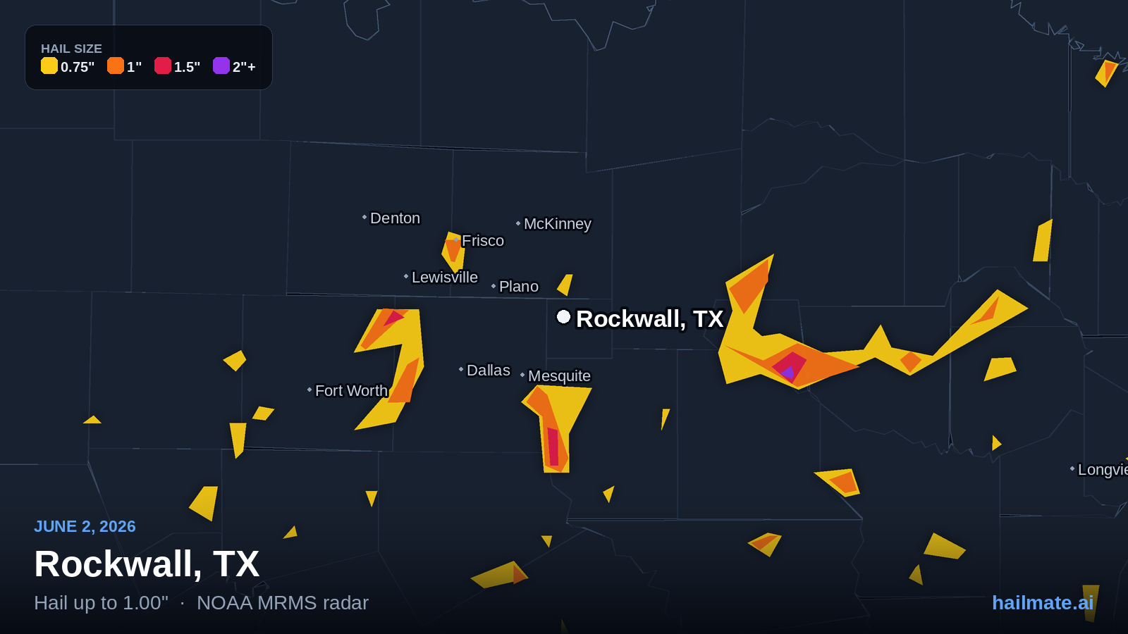 Hail swath map for Rockwall, TX on June 2, 2026 showing 1.00 inch hail.