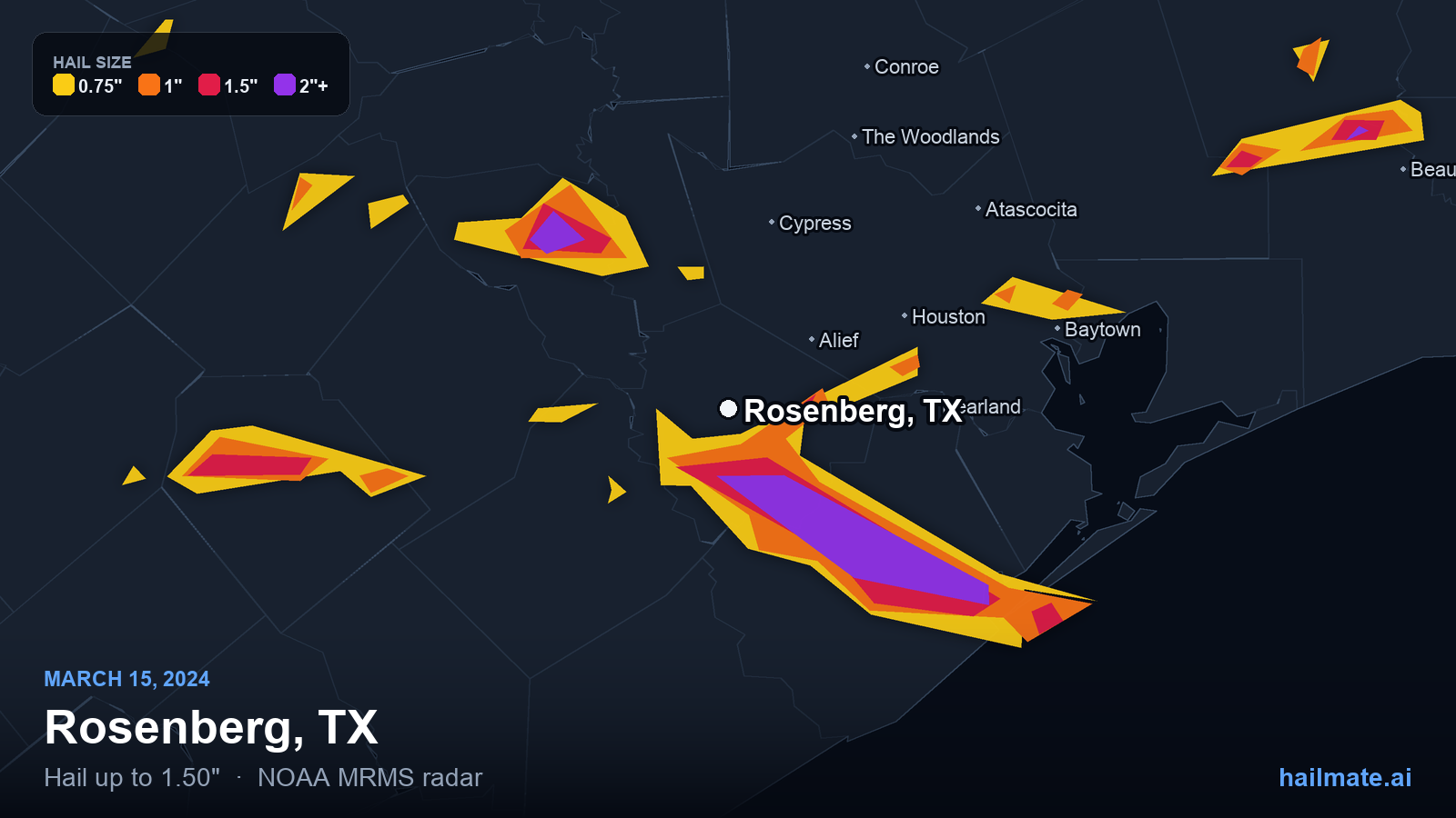 Hail swath map for Rosenberg, TX on March 15, 2024 showing 1.50 inch hail.
