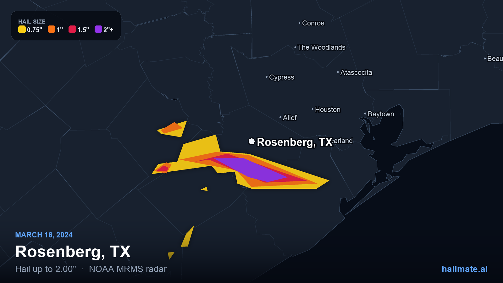 Hail swath map for Rosenberg, TX on March 16, 2024 showing 2.00 inch hail.