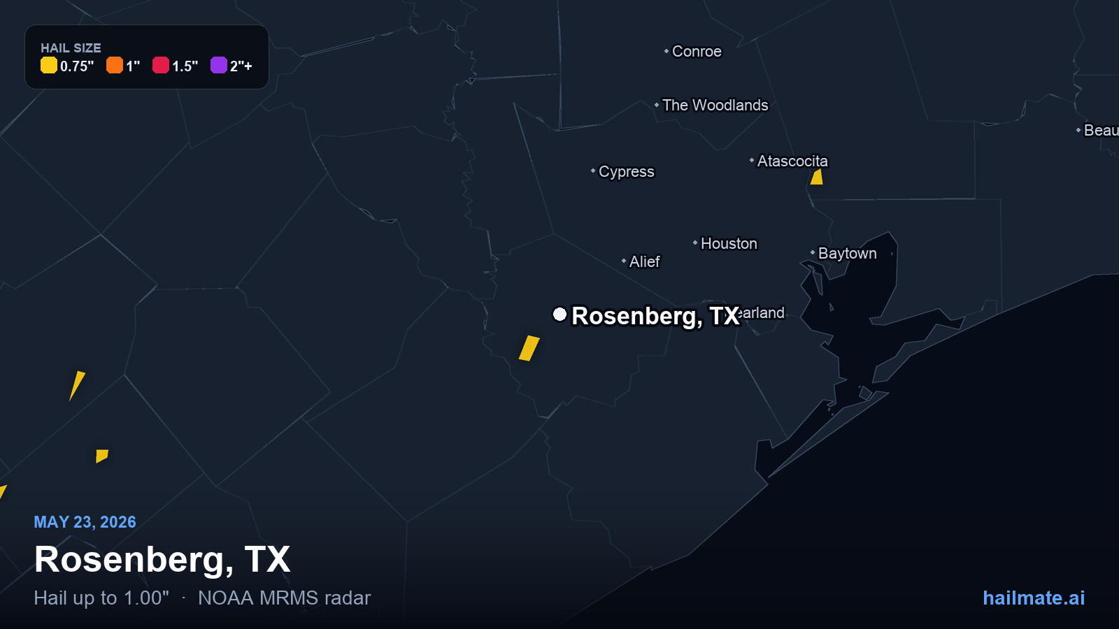 Hail swath map for Rosenberg, TX on May 23, 2026 showing 1.00 inch hail.
