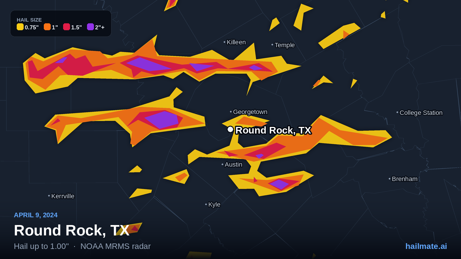 Hail swath map for Round Rock, TX on April 9, 2024 showing 1.00 inch hail.