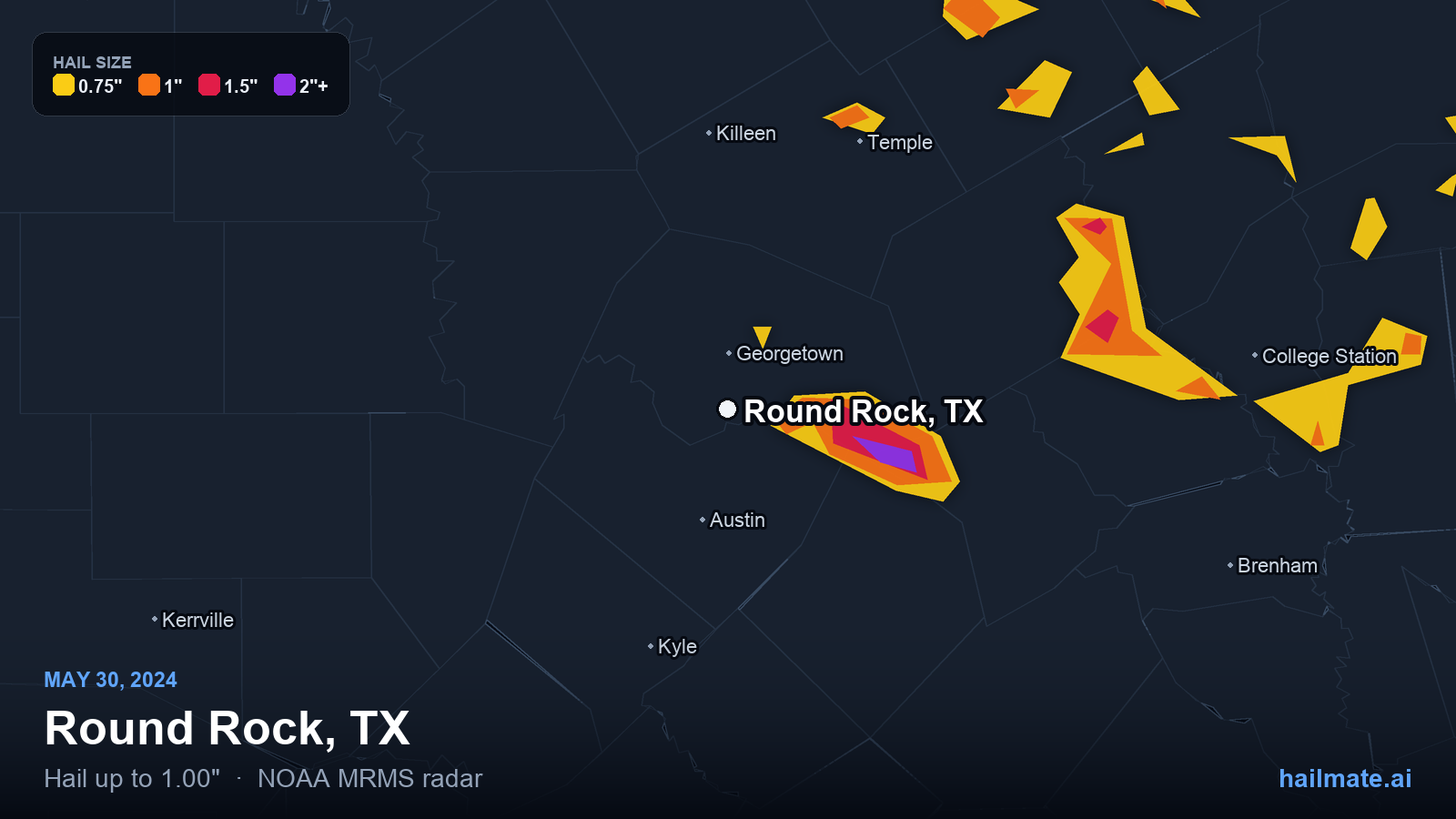 Hail swath map for Round Rock, TX on May 30, 2024 showing 1.00 inch hail.