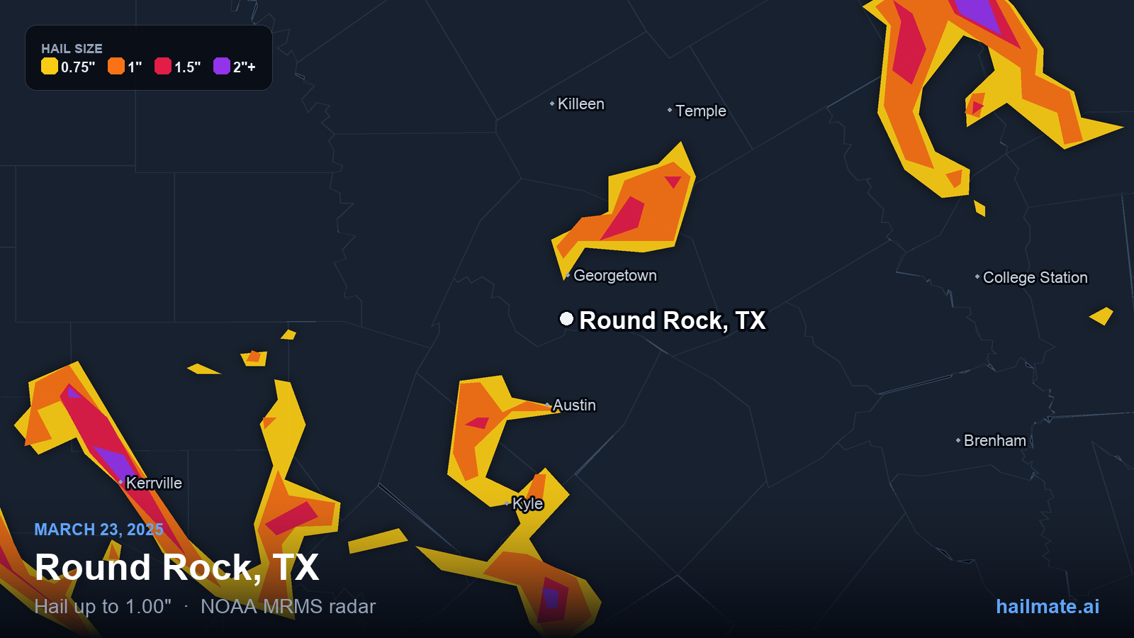 Hail swath map for Round Rock, TX on March 23, 2025 showing 1.00 inch hail.