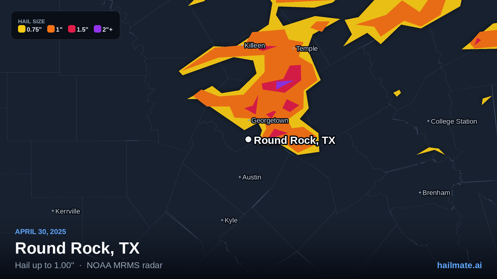 Hail swath map for Round Rock, TX on April 30, 2025 showing 1.00 inch hail.